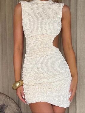 Cream Textured Ruched Cutout Dress